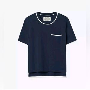 Tory Burch Sport Short Sleeve Tech Knit Sweater Top Navy Size Small